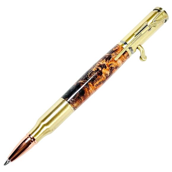 na Other - Bolt Action Ball Point Pen Rifle Handmade Brass Gold Brown Swirl Acrylic Resin